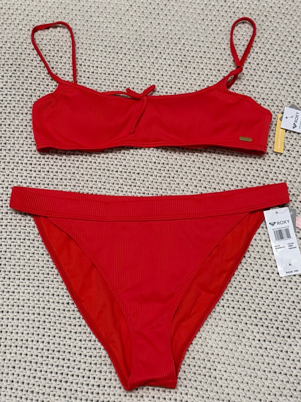 NWT Roxy Mind of Freedom Red Ribbed Bikini Set - Large Top/ XL Bottoms